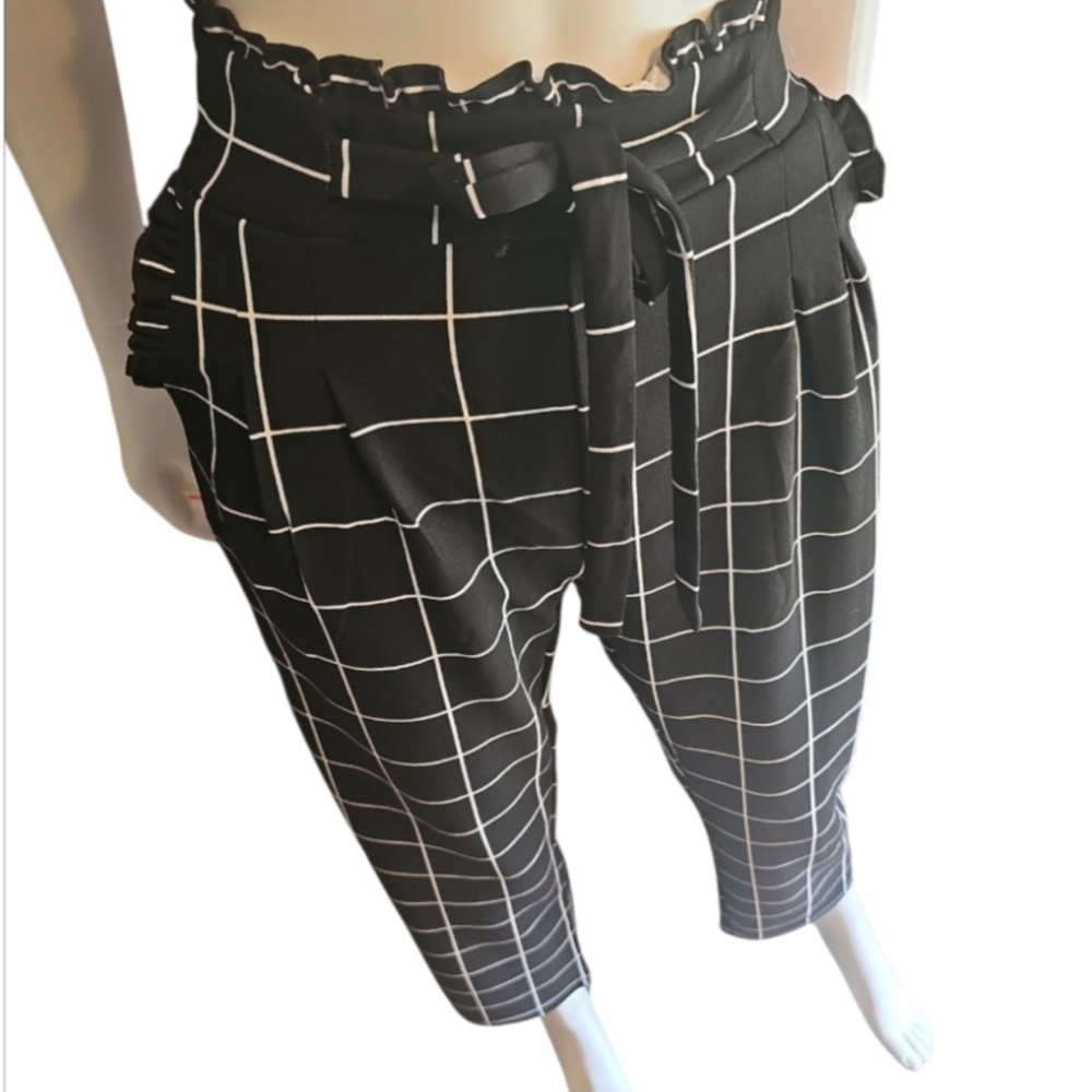 Black and White Ankle-Length Grid Pants with Paper Bag Waist